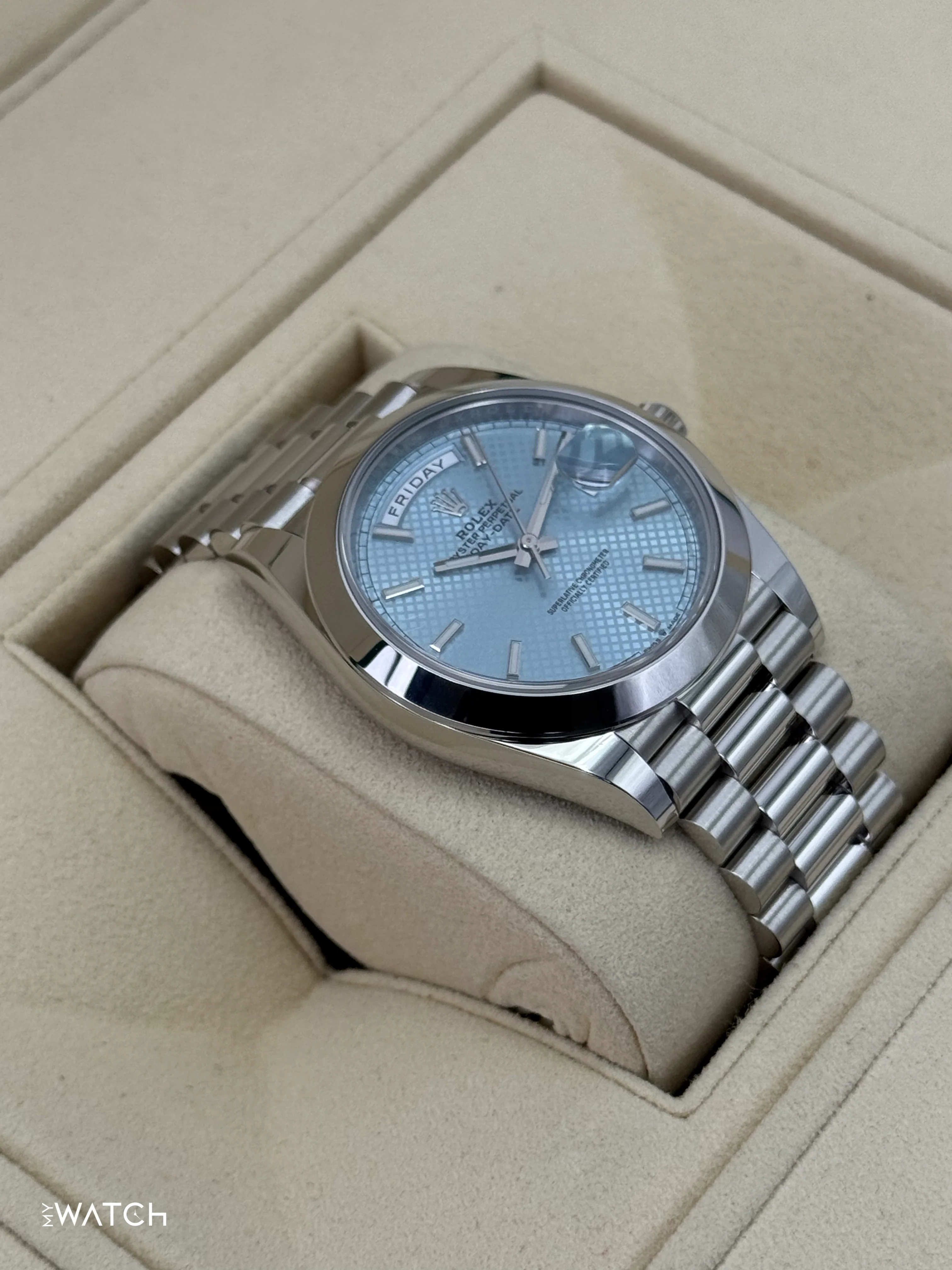 2024 Rolex Day-Date 40mm 228206 Platinum Blue Motif Dial - Image 6