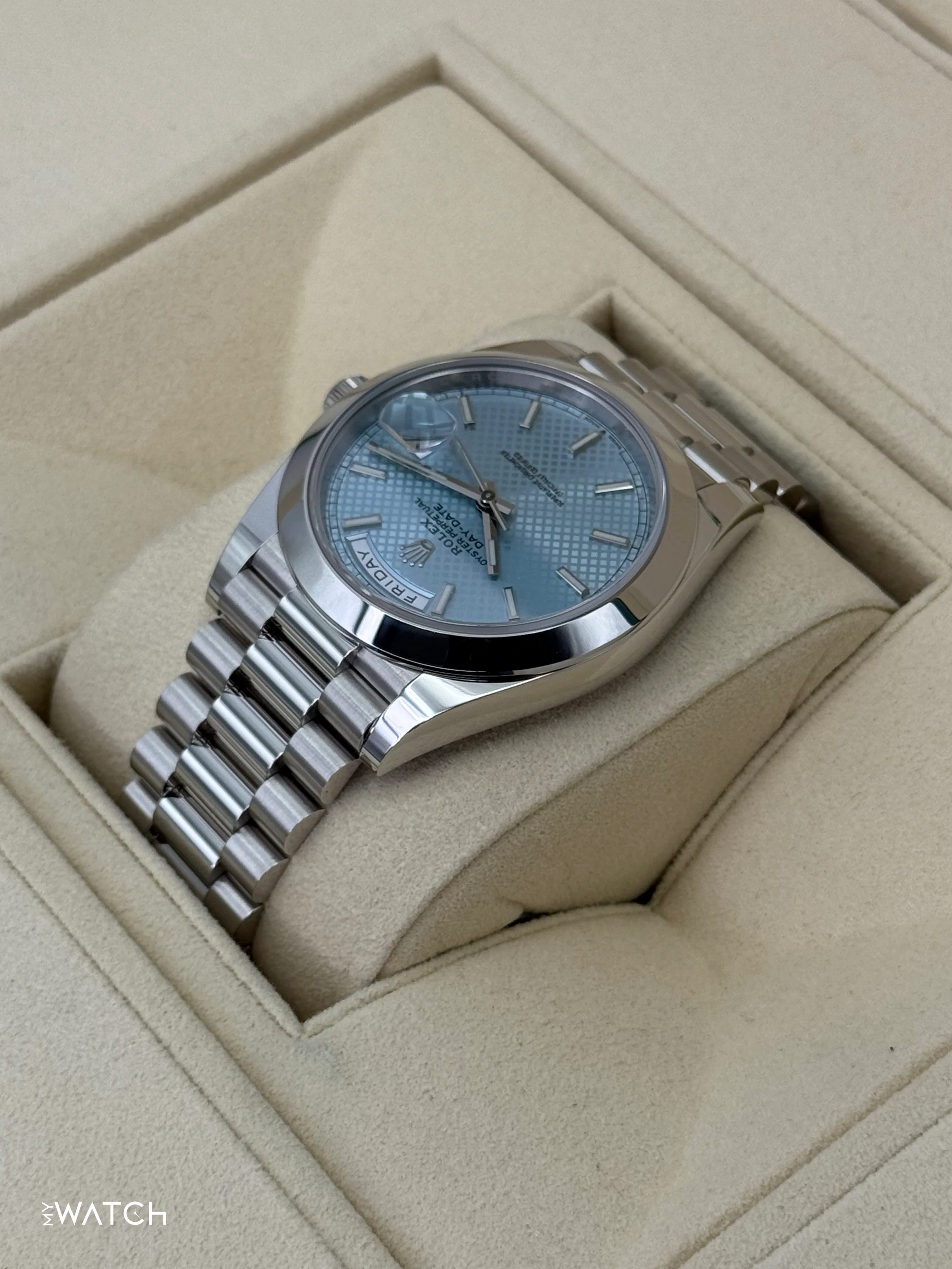2024 Rolex Day-Date 40mm 228206 Platinum Blue Motif Dial - Image 8