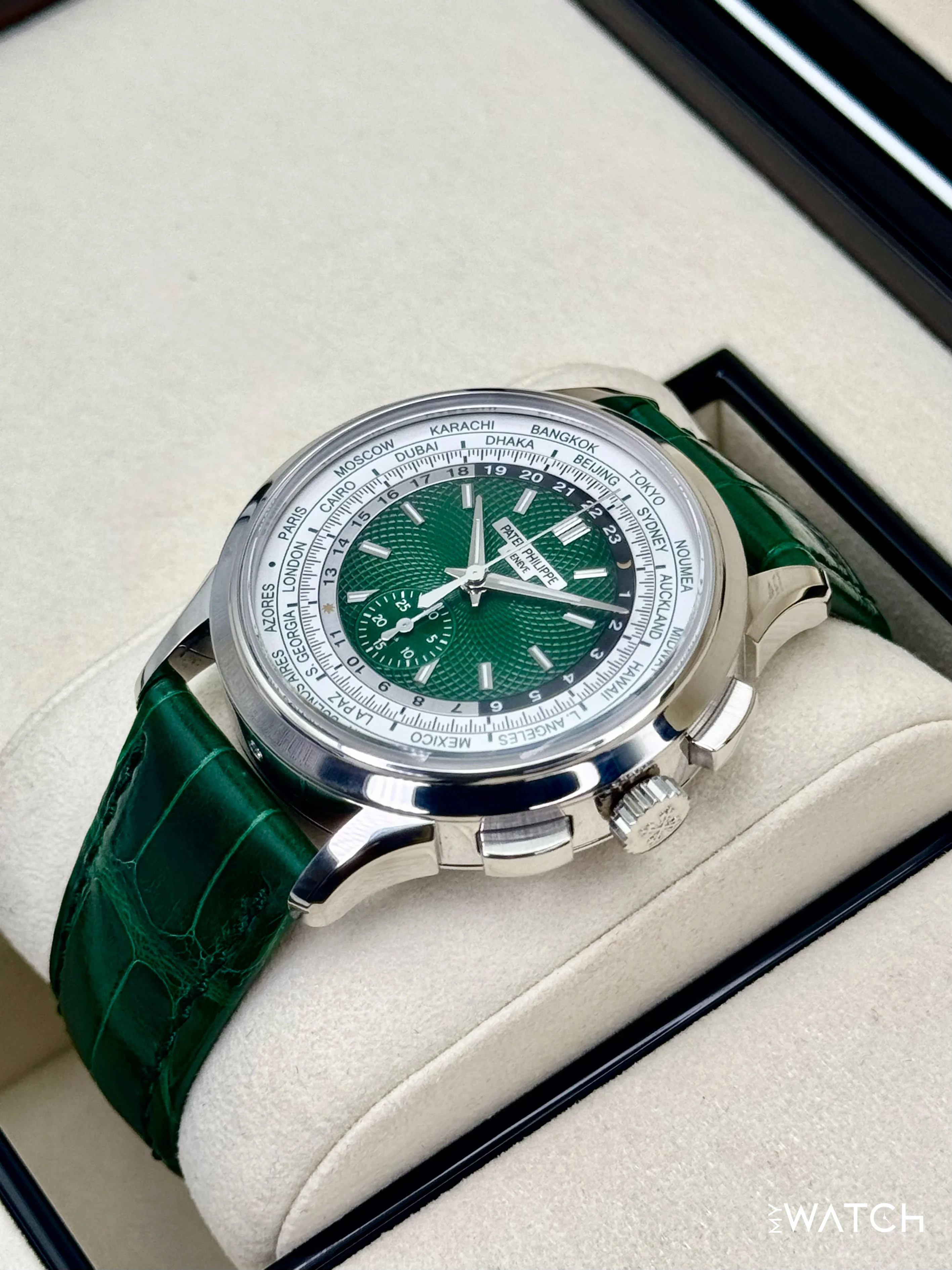 2025 Patek Philippe 5930P World Time Flyback Chronograph Platinum Green Dial - Image 5