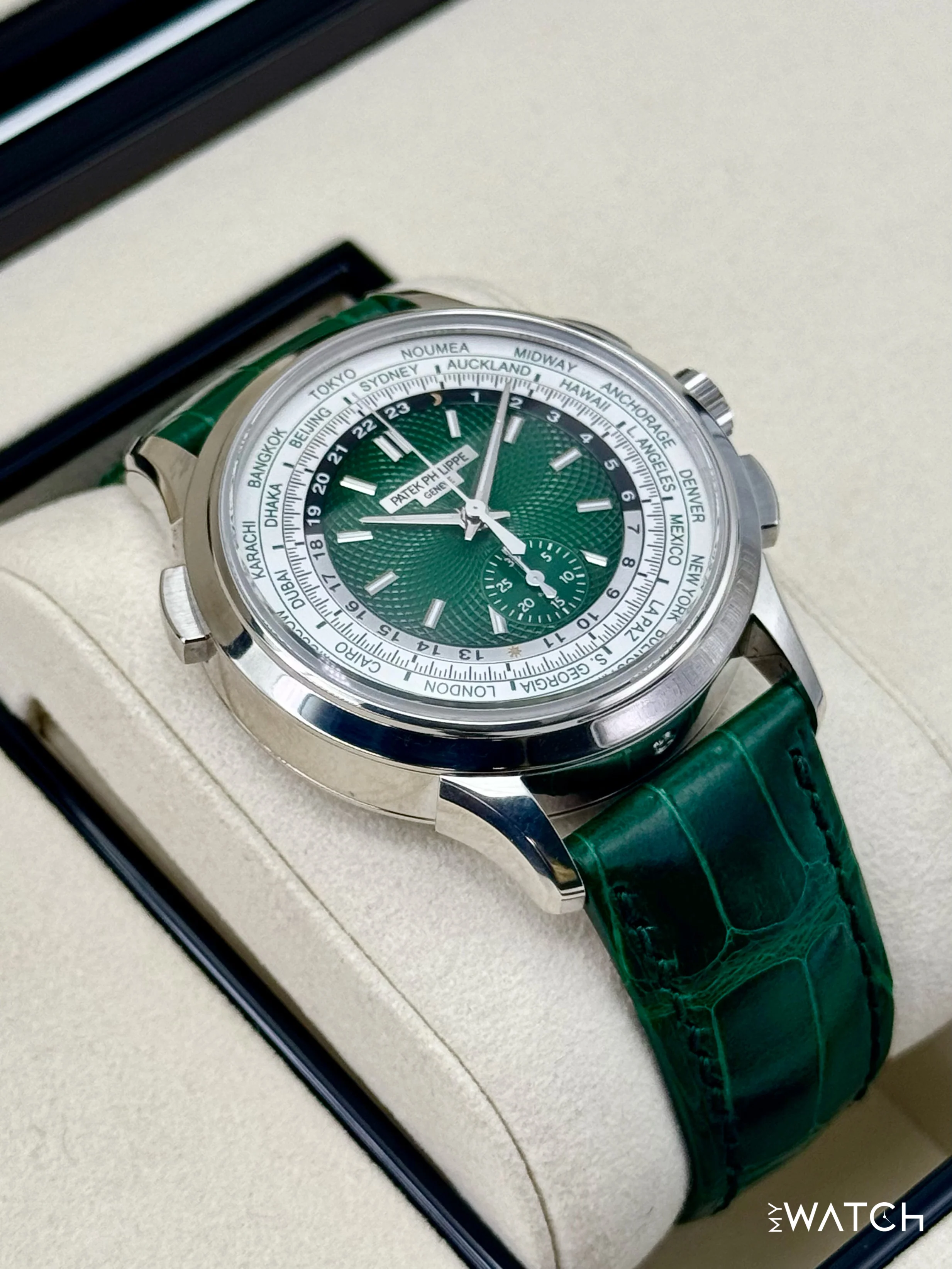 2025 Patek Philippe 5930P World Time Flyback Chronograph Platinum Green Dial - Image 6