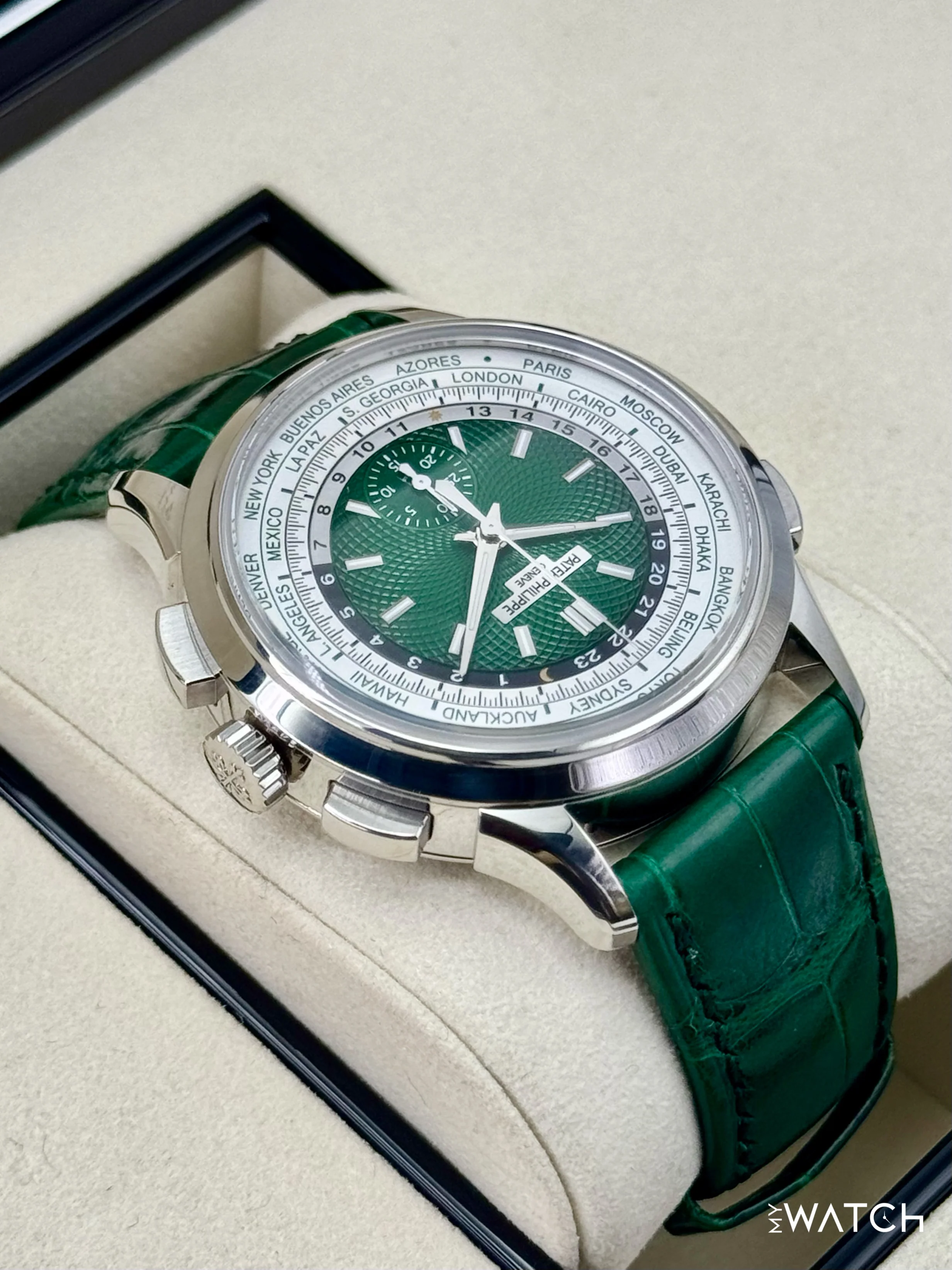 2025 Patek Philippe 5930P World Time Flyback Chronograph Platinum Green Dial - Image 8