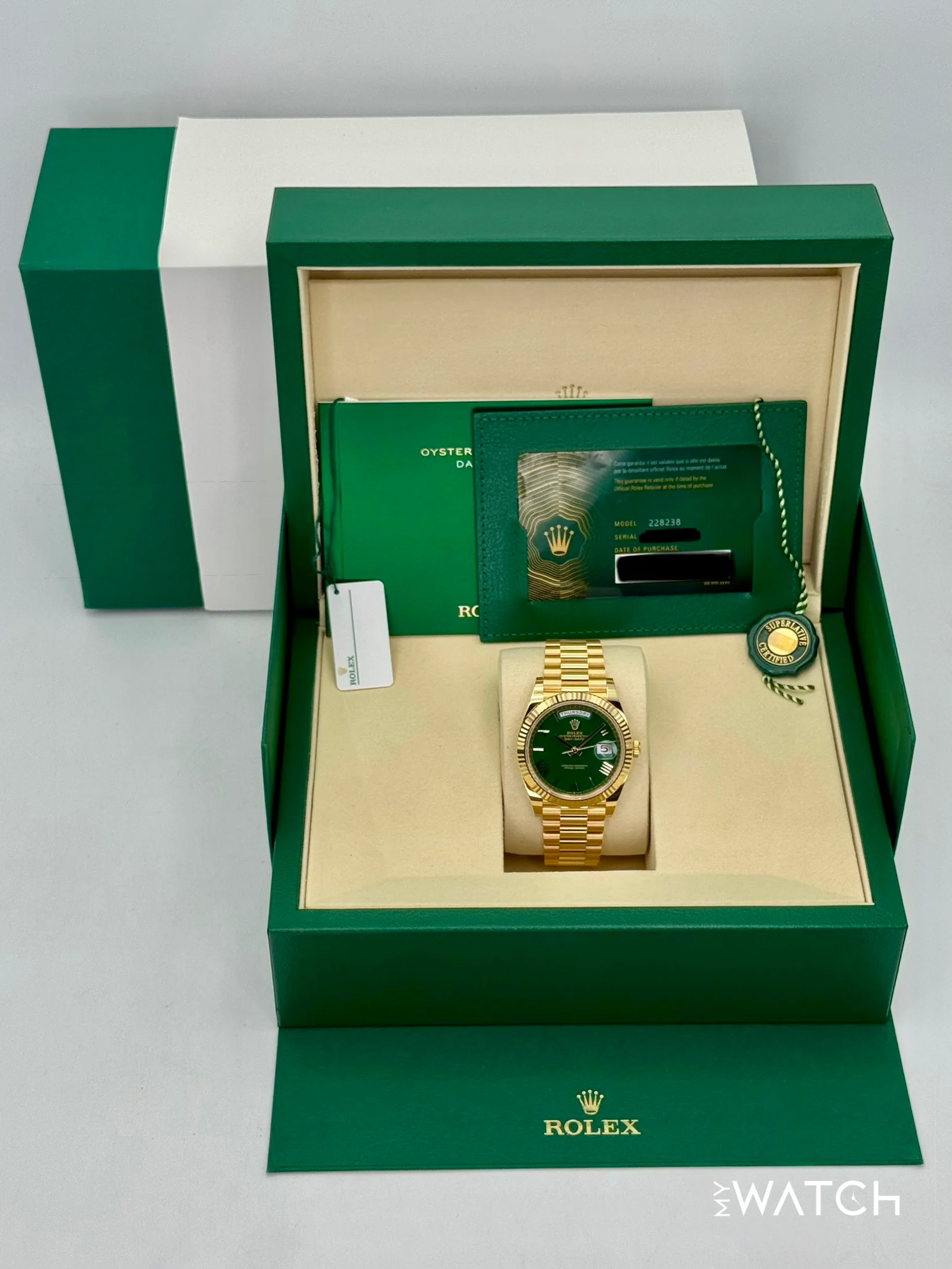 2025 Rolex Day-Date 40mm 228238 Presidential Yellow Gold Green Dial - Image 9