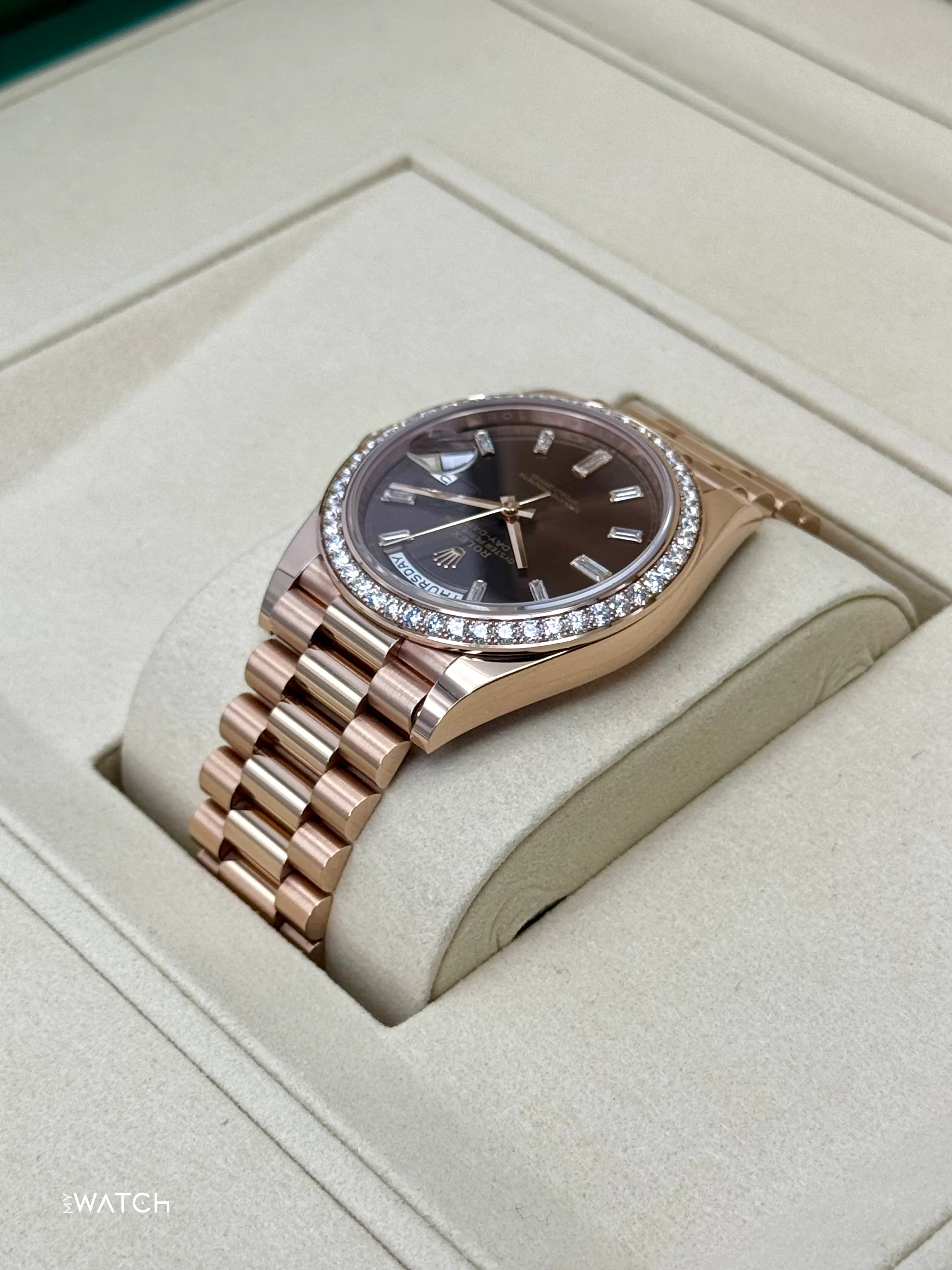 2025 Rolex Day-Date 40mm 228345RBR Rose Gold Chocolate Diamond Dial - Image 4
