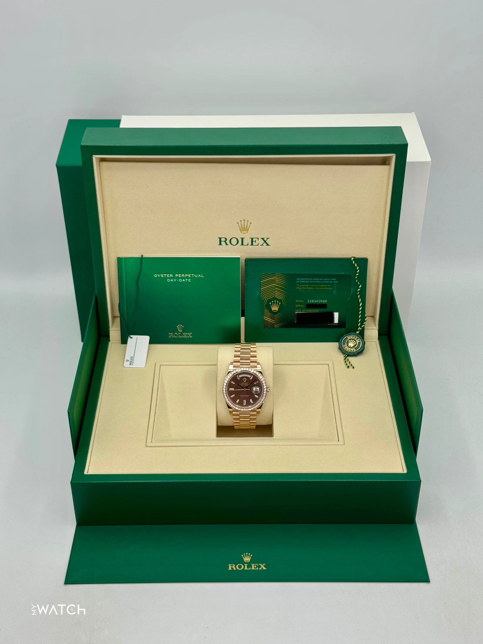 2025 Rolex Day-Date 40mm 228345RBR Rose Gold Chocolate Diamond Dial - Image 6