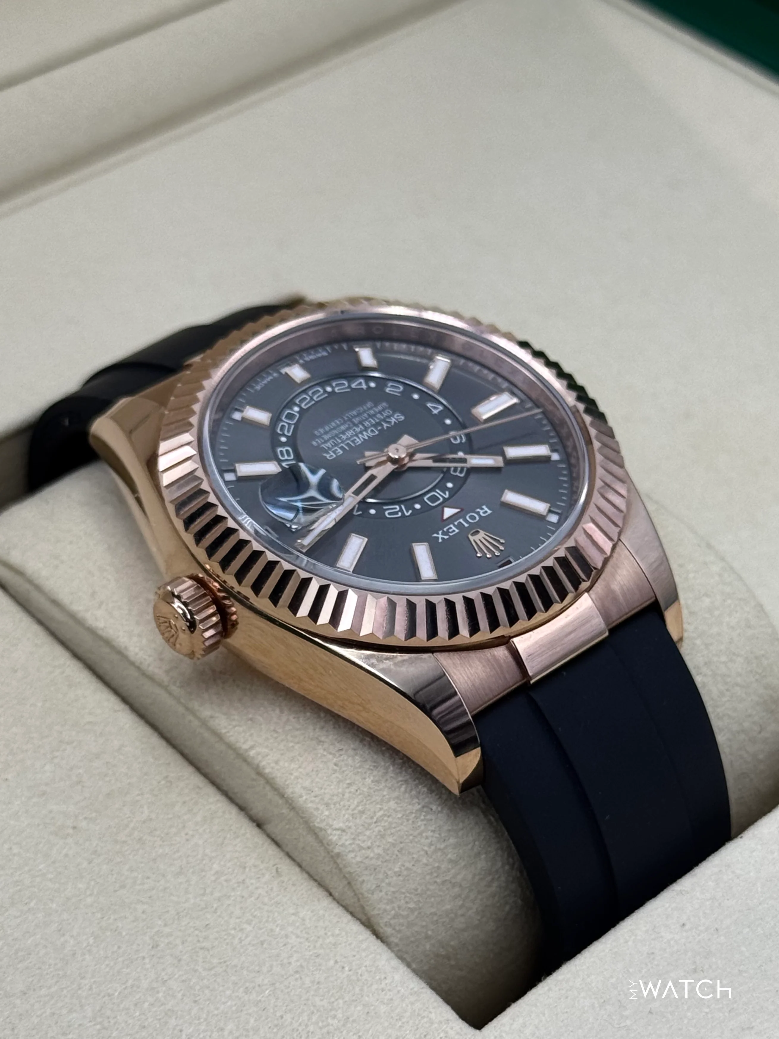 2025 Rolex Sky-Dweller 336235 Rose Gold Oysterflex Rhodium Dial - Image 6