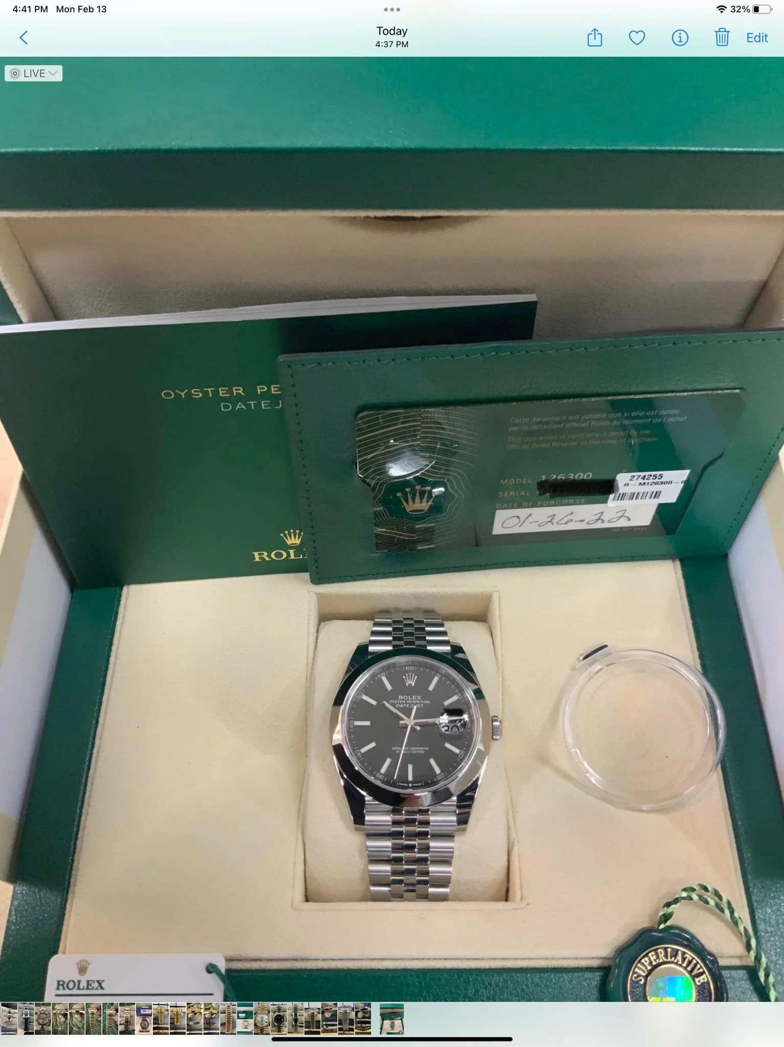 NEW 2022 Rolex Datejust 41mm 126300 Jubilee Black Stick Dial - Image 7