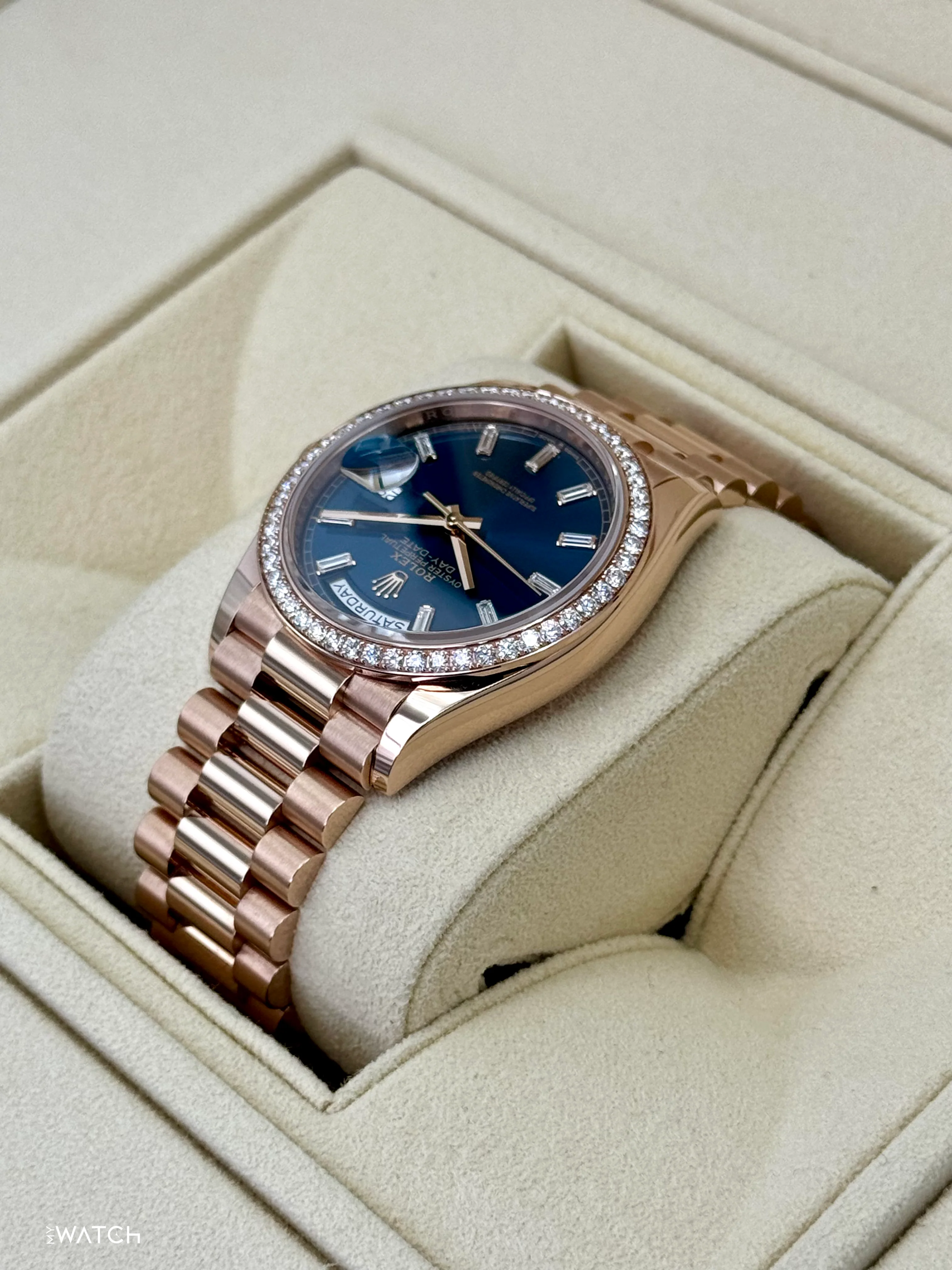 NEW 2025 Rolex Day-Date 36mm 128345RBR Rose Gold Blue Baguette Dial - Image 7