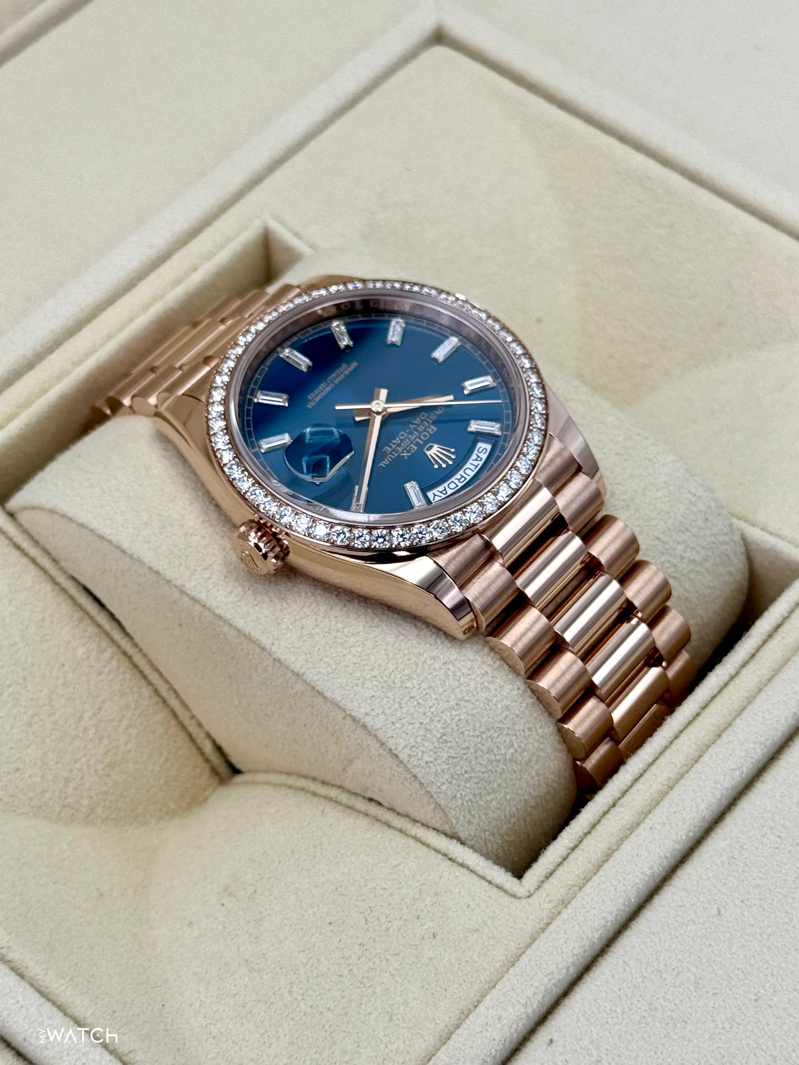 NEW 2025 Rolex Day-Date 36mm 128345RBR Rose Gold Blue Baguette Dial - Image 8