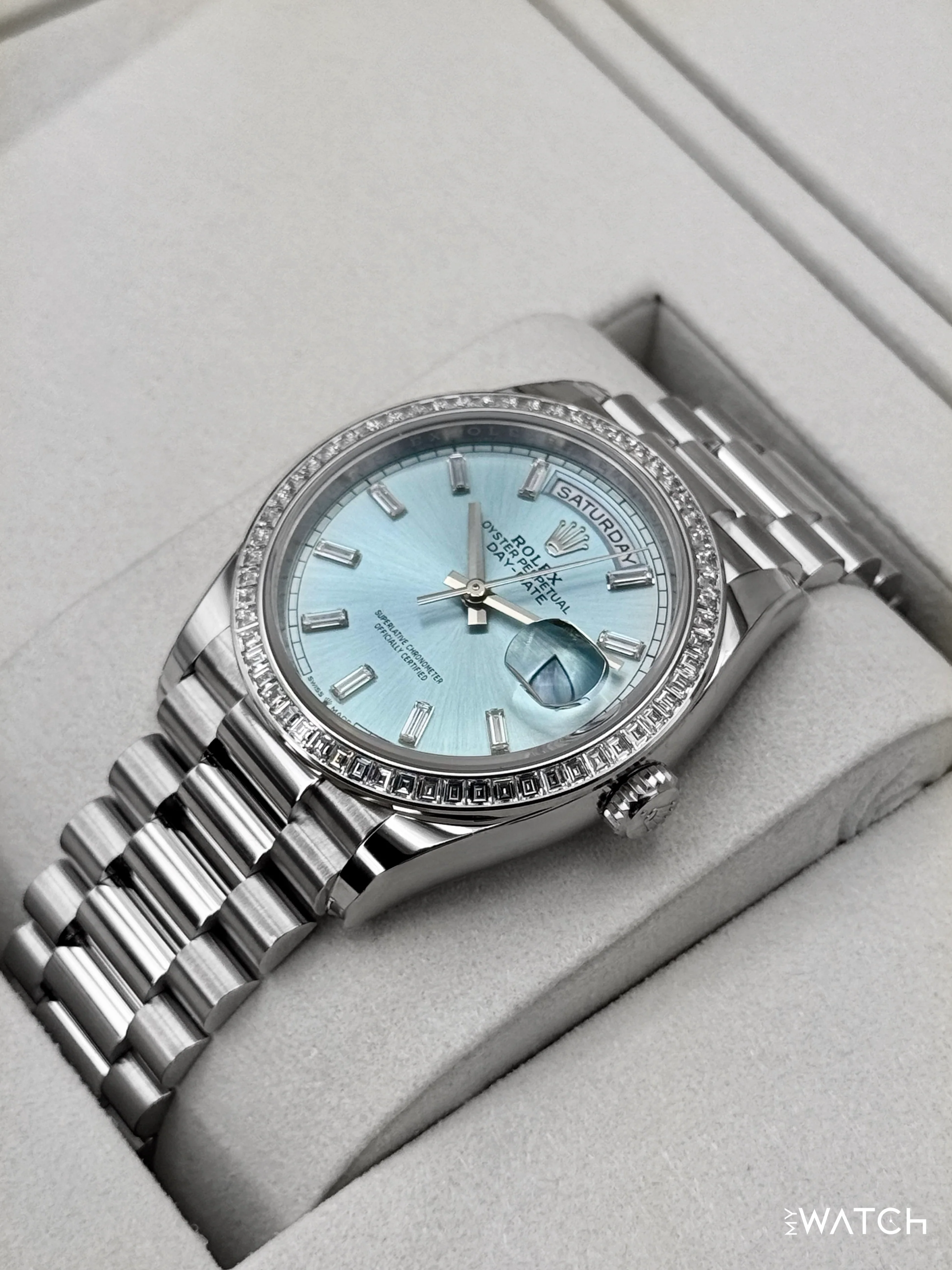 NEW 2025 Rolex Day-Date 36mm 128396TBR Ice Blue Diamond Baguette Dial - Image 5