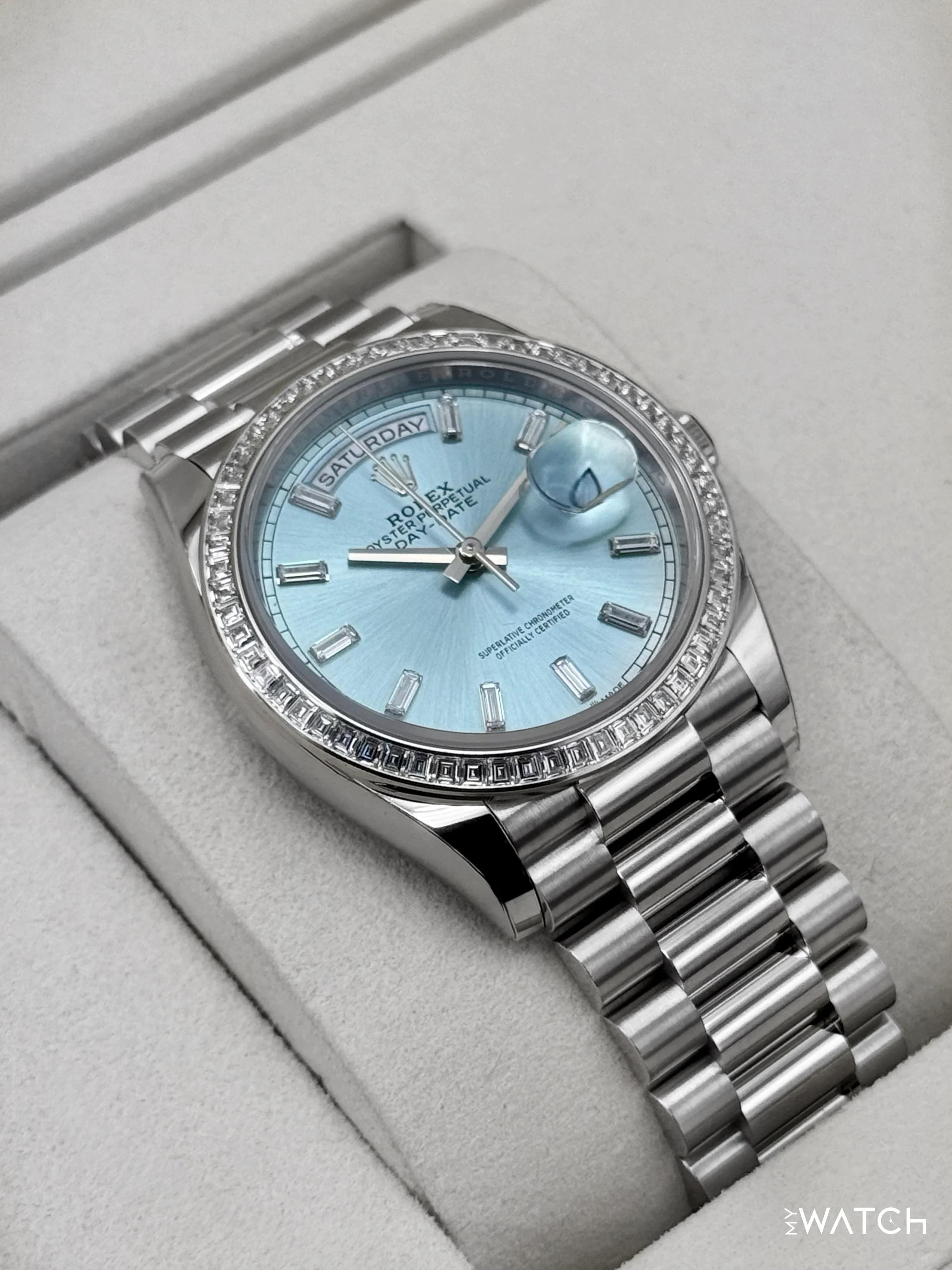 NEW 2025 Rolex Day-Date 36mm 128396TBR Ice Blue Diamond Baguette Dial - Image 6