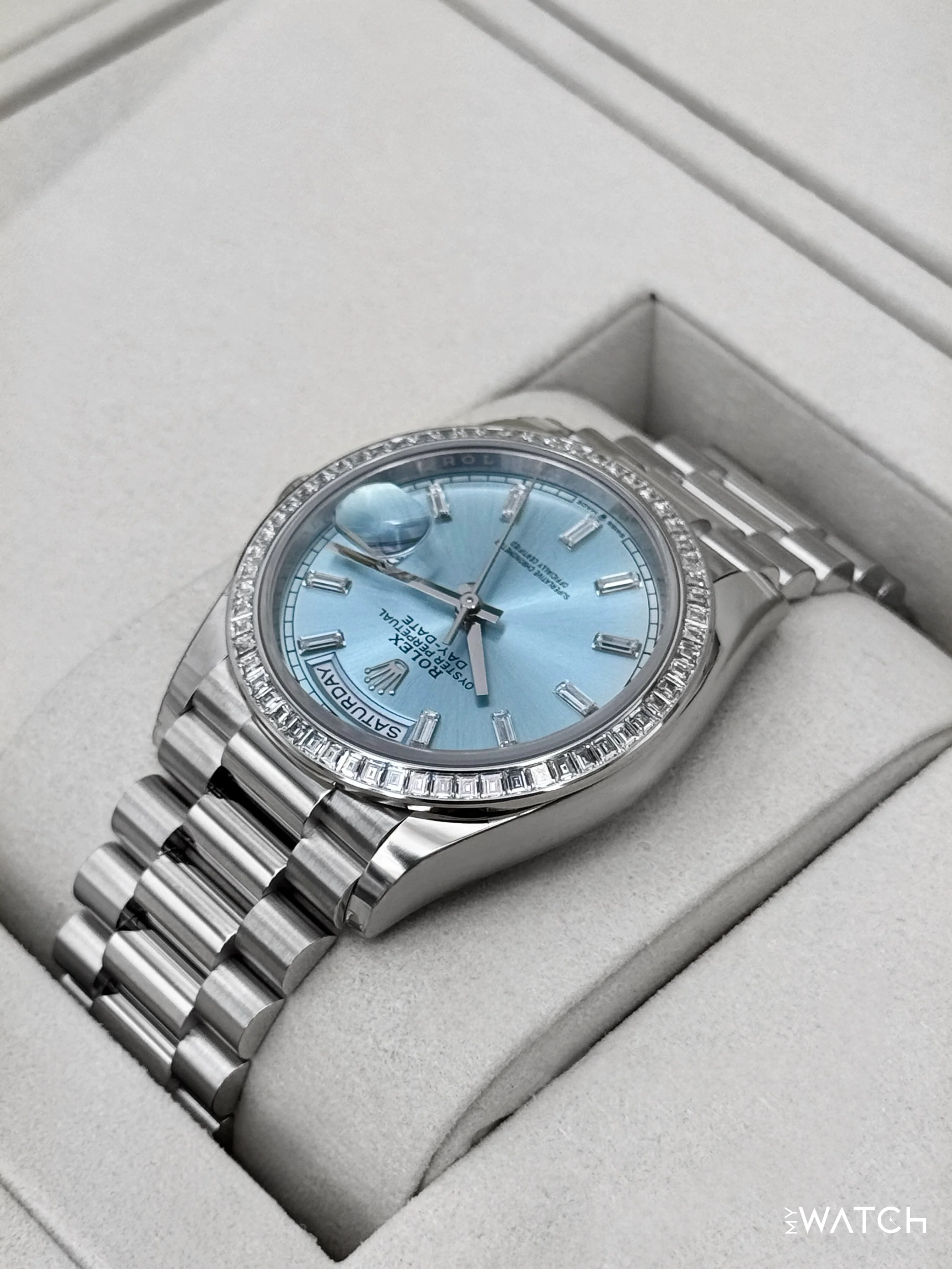 NEW 2025 Rolex Day-Date 36mm 128396TBR Ice Blue Diamond Baguette Dial - Image 7