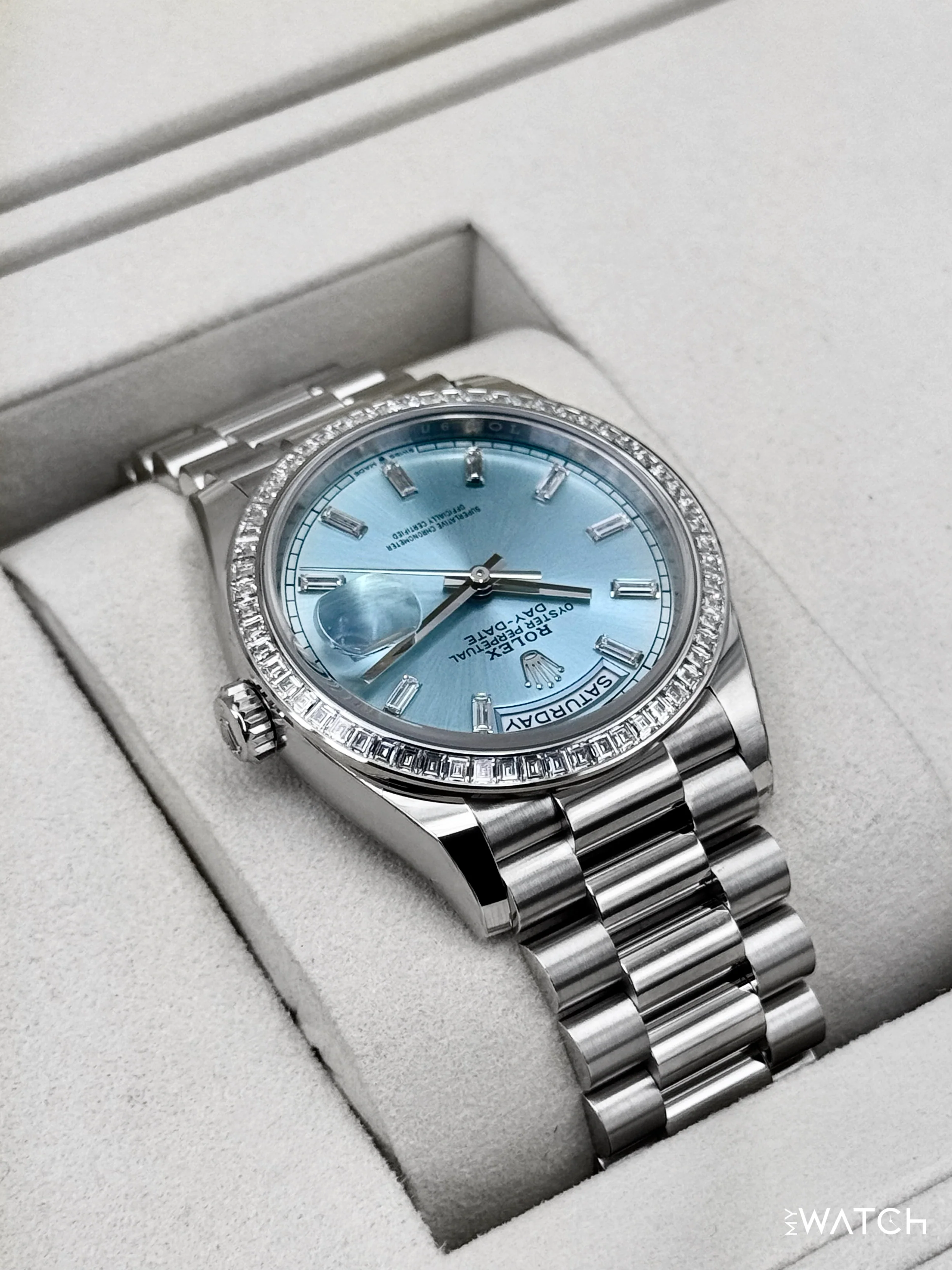 NEW 2025 Rolex Day-Date 36mm 128396TBR Ice Blue Diamond Baguette Dial - Image 8