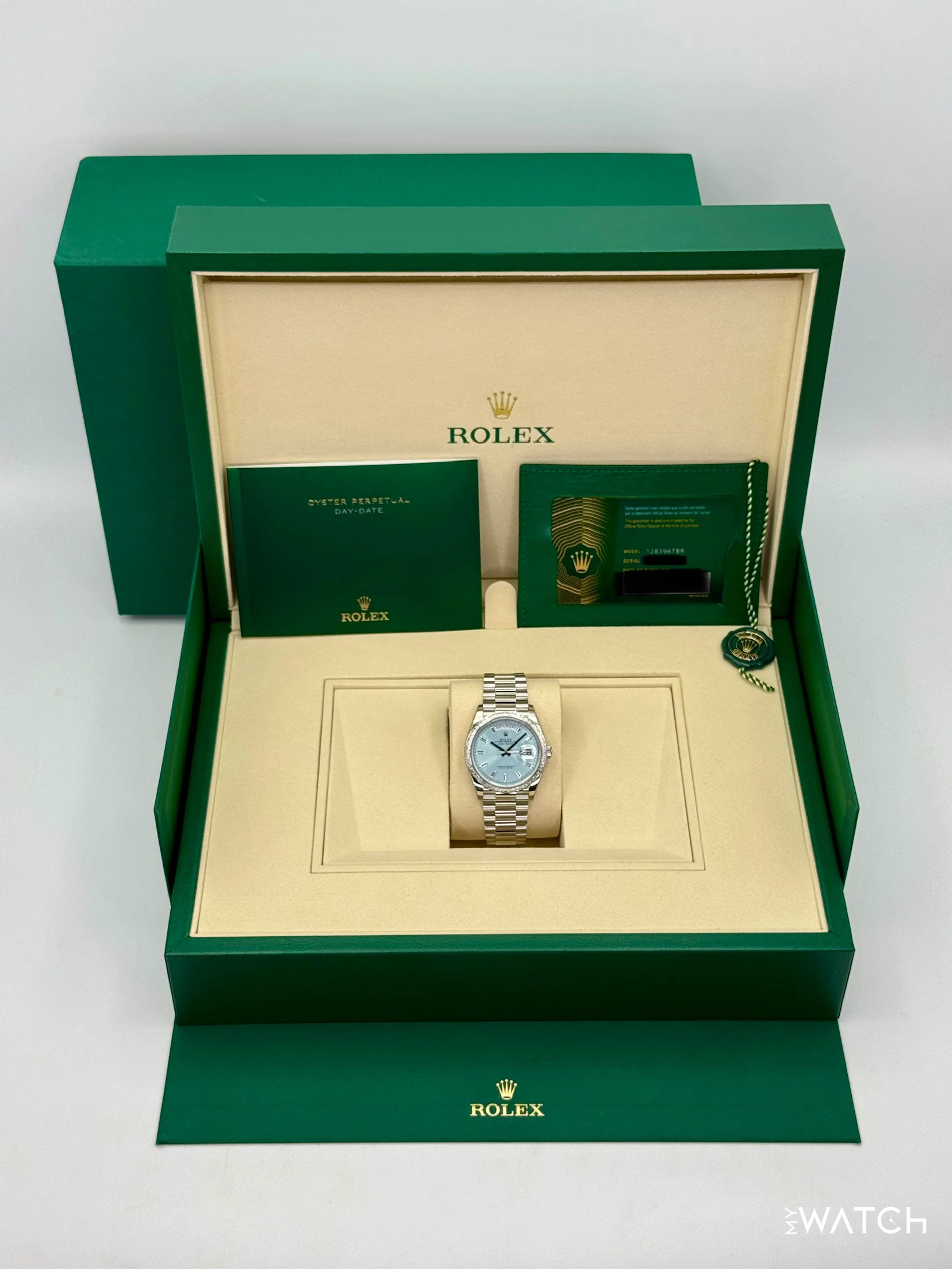 NEW 2025 Rolex Day-Date 36mm 128396TBR Ice Blue Diamond Baguette Dial - Image 9