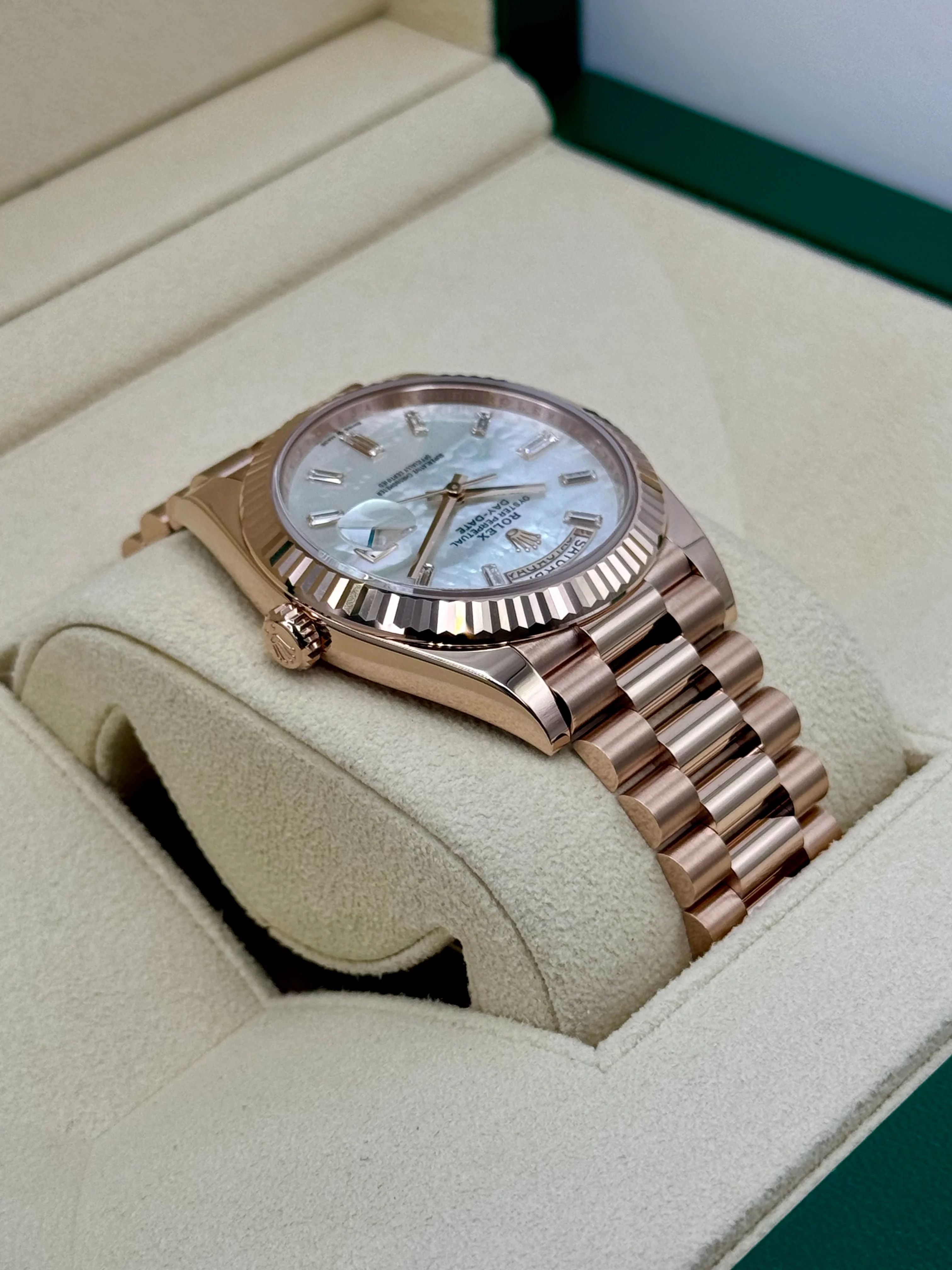 NEW 2025 Rolex Day-Date 40mm 228235 Rose Gold Mother Of Pearl Diamond Dial - Image 8