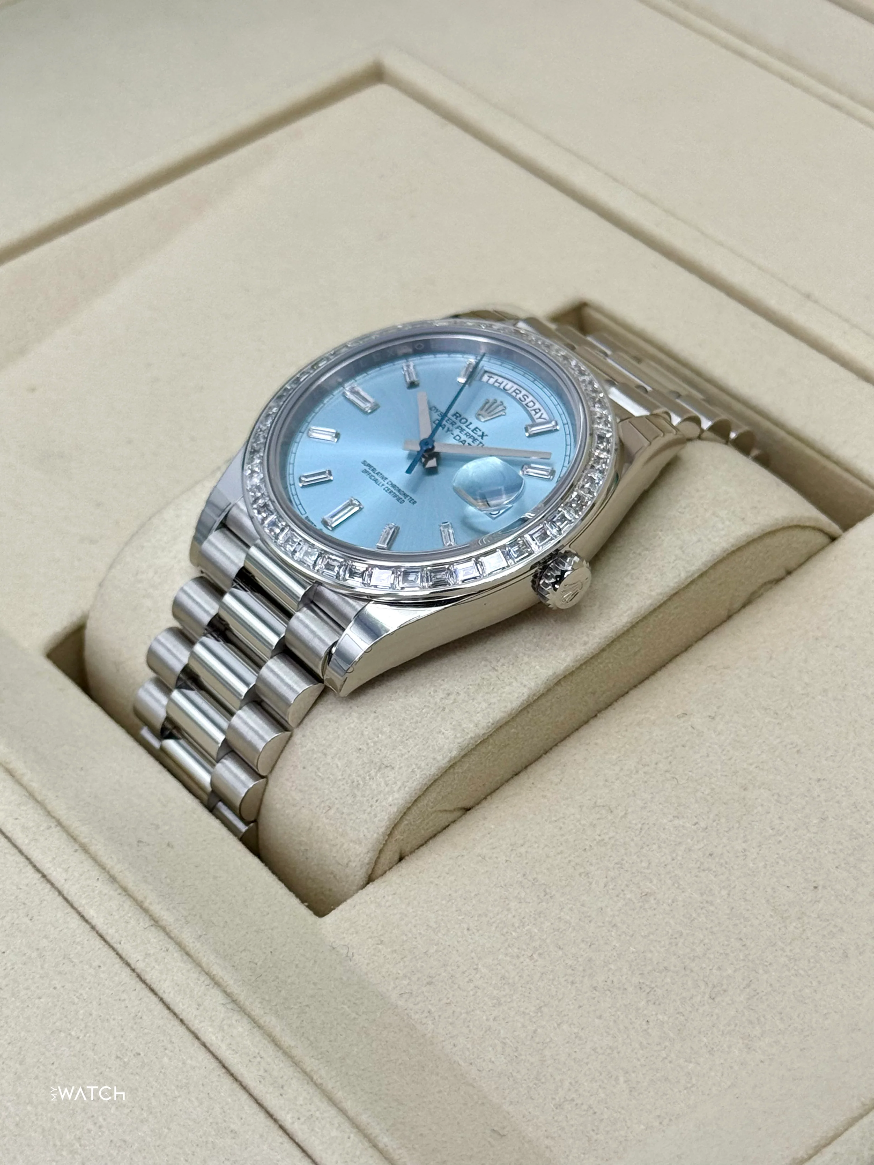NEW 2025 Rolex Day-Date 40mm 228396TBR Ice Blue Diamond Baguette Dial - Image 5