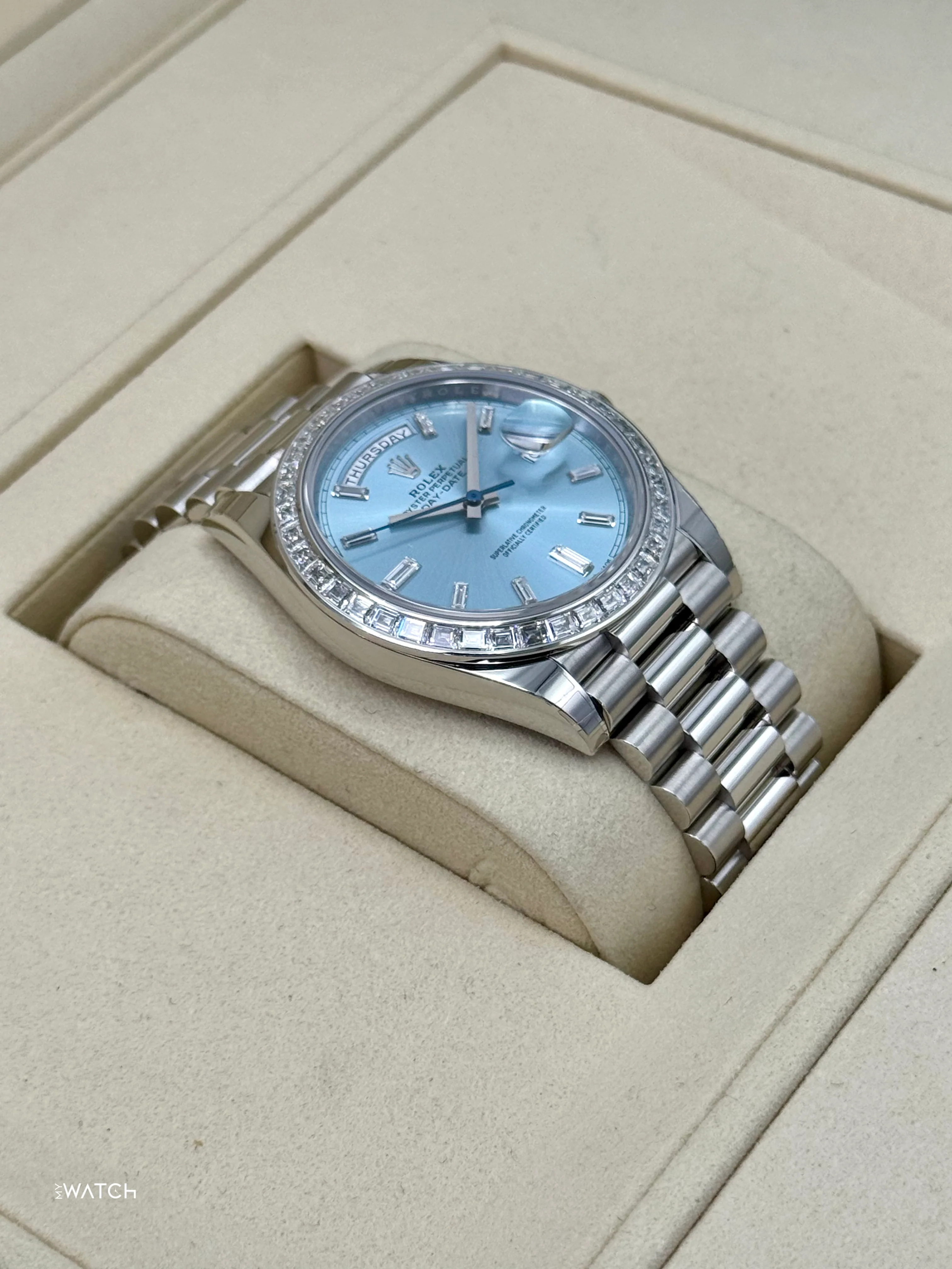 NEW 2025 Rolex Day-Date 40mm 228396TBR Ice Blue Diamond Baguette Dial - Image 6