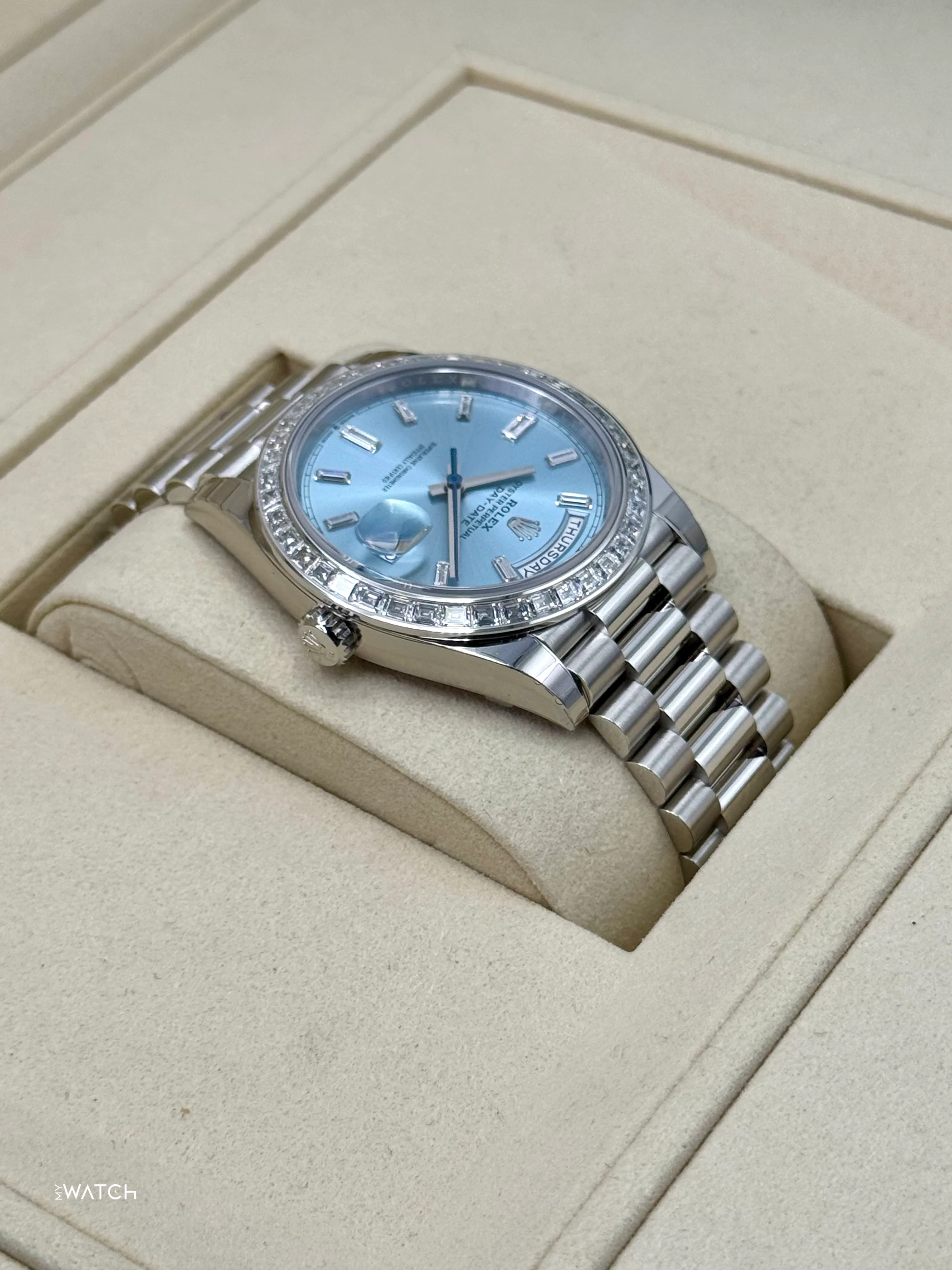 NEW 2025 Rolex Day-Date 40mm 228396TBR Ice Blue Diamond Baguette Dial - Image 8
