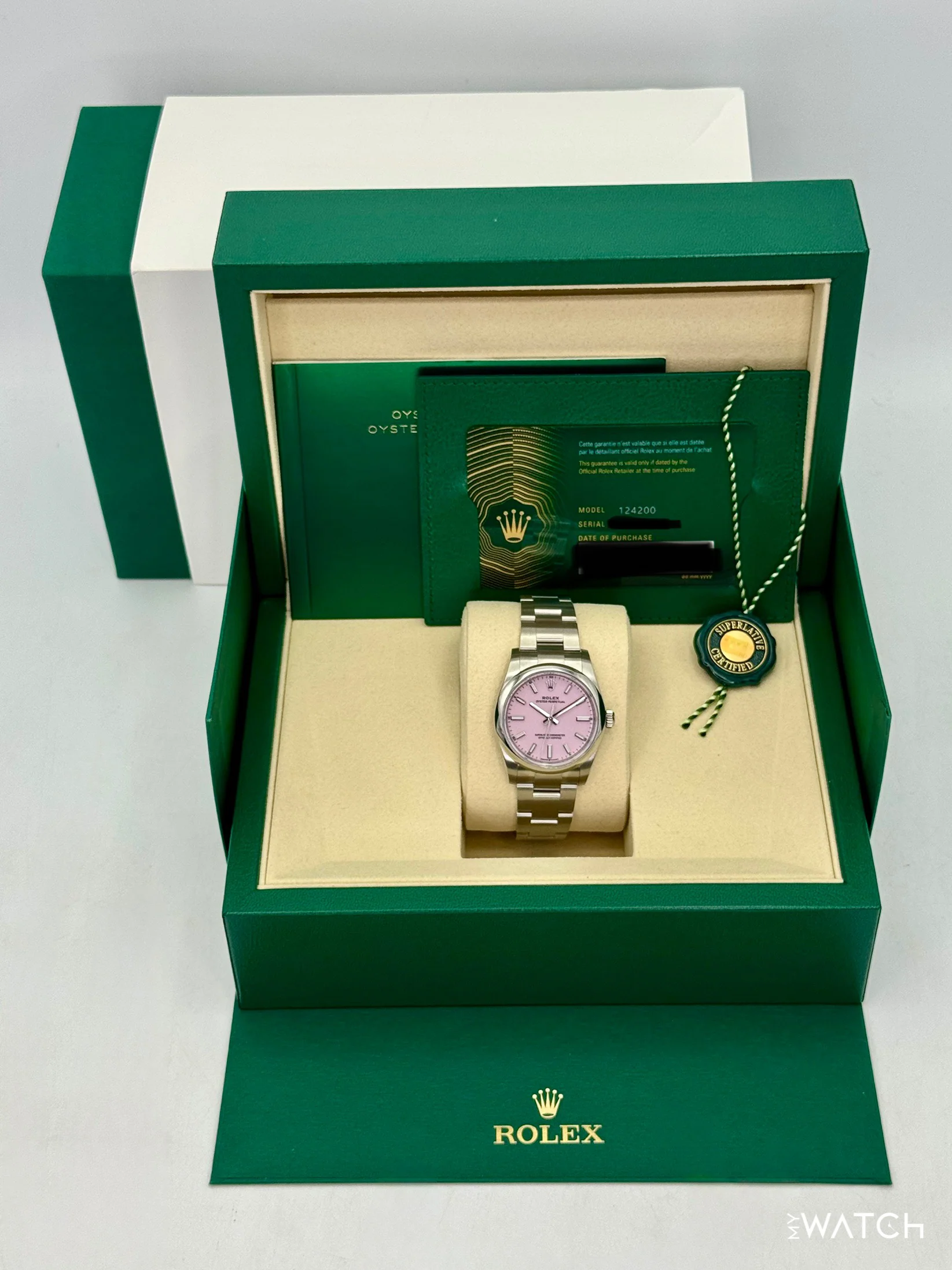 NEW 2025 Rolex Oyster Perpetual 34mm 124200 Stainless Steel Candy Pink Dial - Image 9