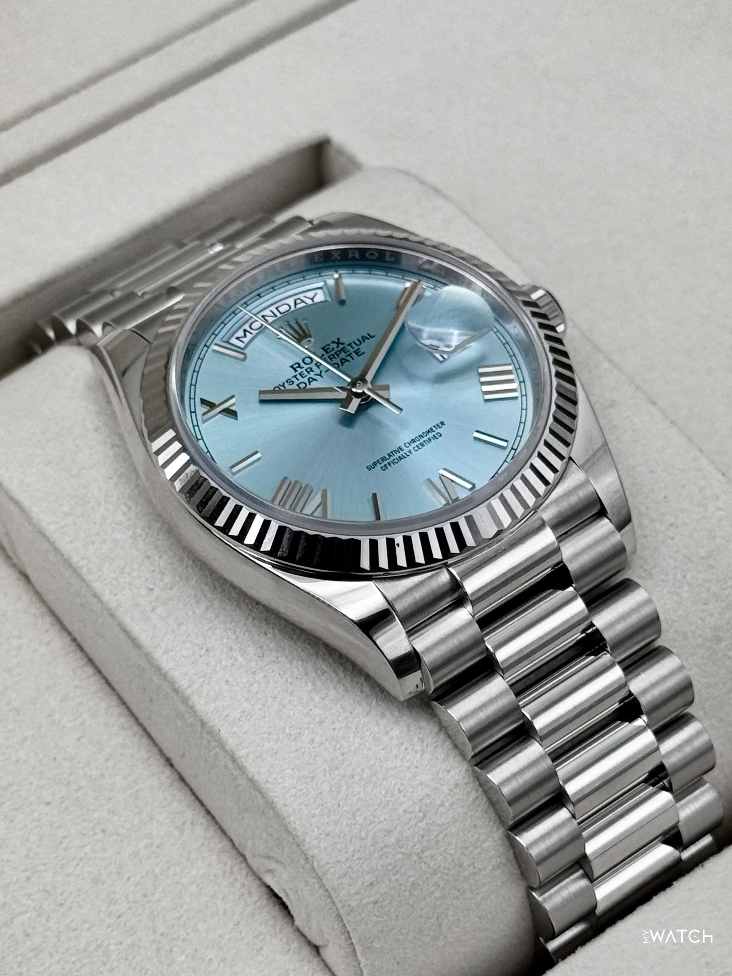 NEW 2026 Rolex Day-Date Platinum 36mm 128236 Ice Blue Roman Dial - Image 6