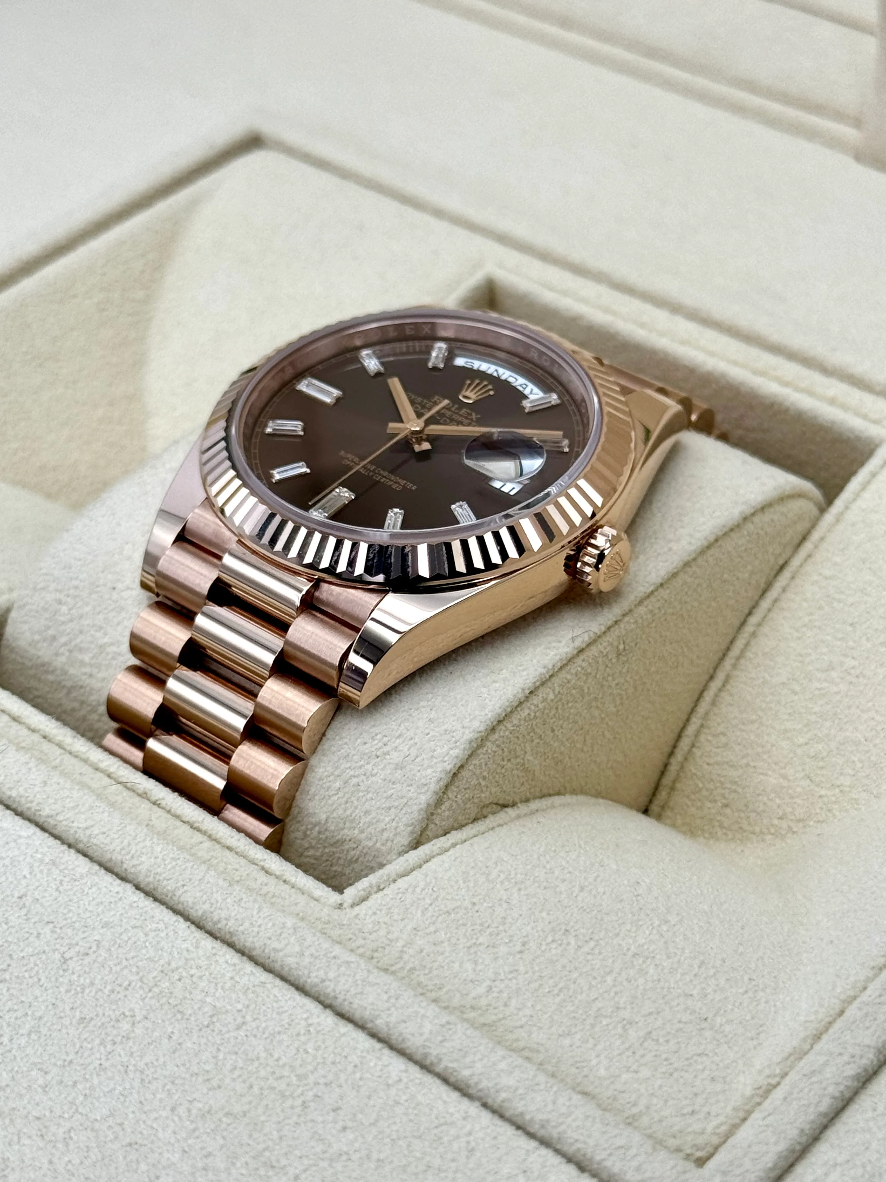 NEW 2025 Rolex Day-Date 40mm 228235 Rose Gold Chocolate Baguette Dial - Image 5