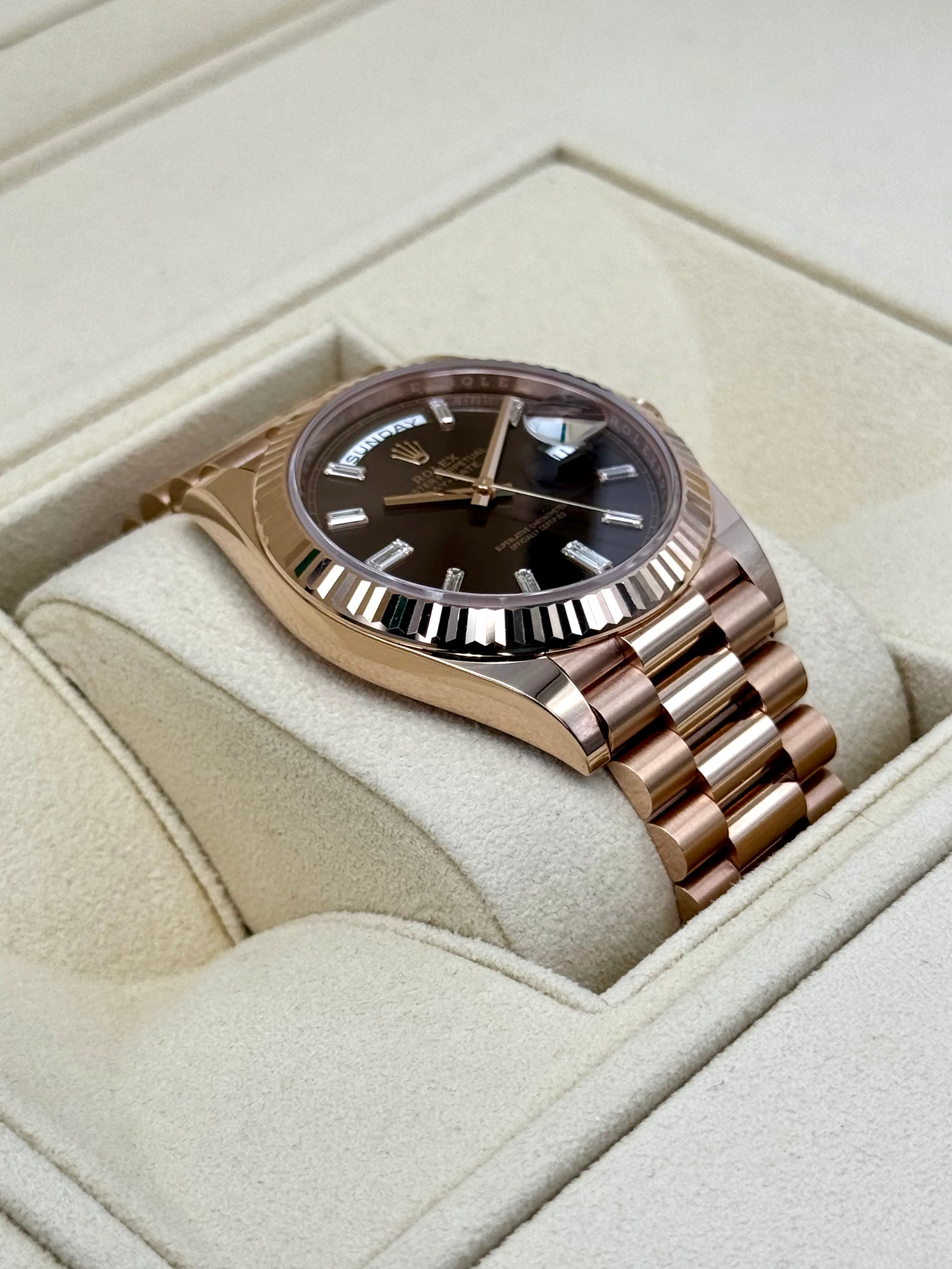 NEW 2025 Rolex Day-Date 40mm 228235 Rose Gold Chocolate Baguette Dial - Image 6
