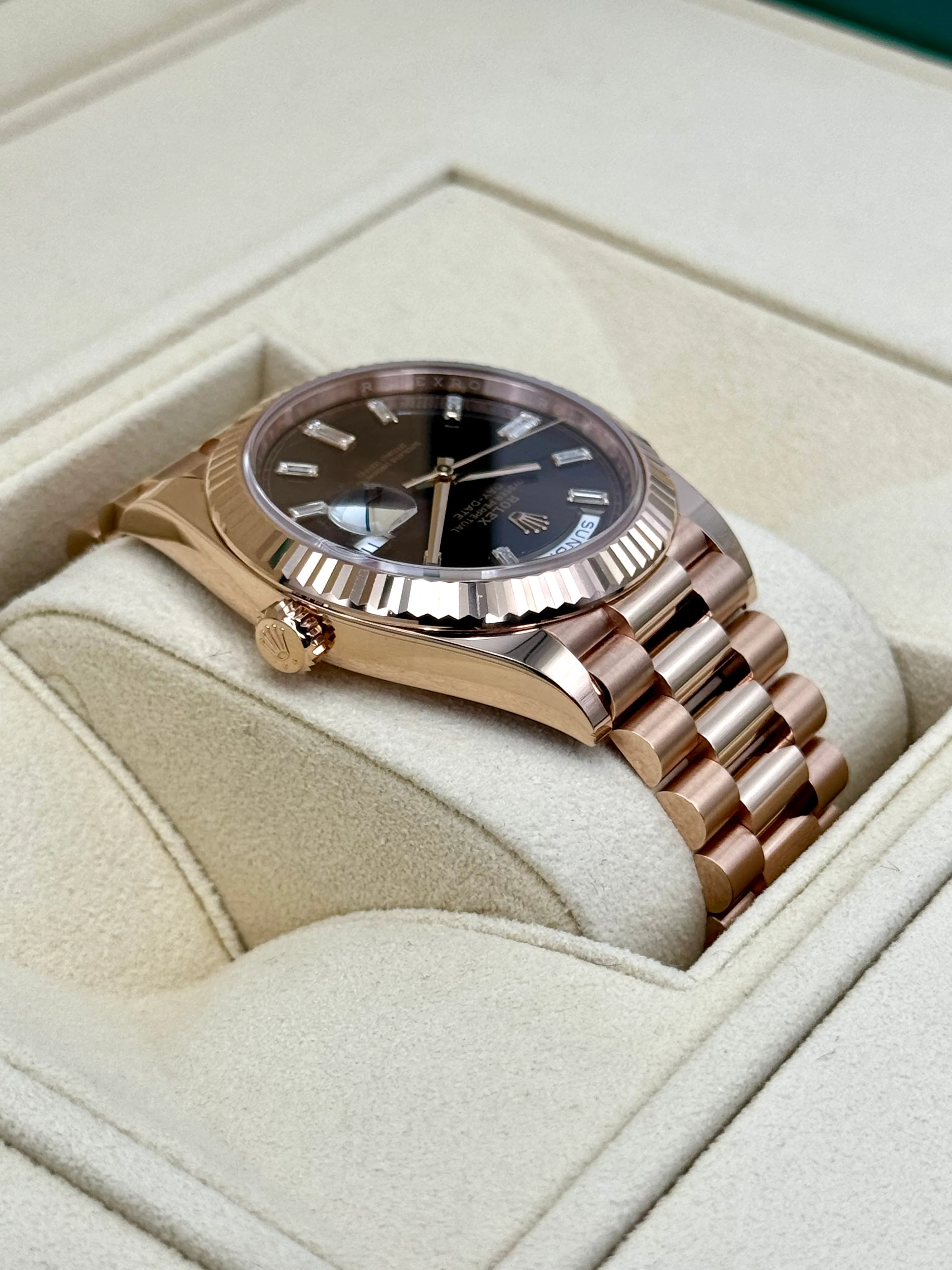 NEW 2025 Rolex Day-Date 40mm 228235 Rose Gold Chocolate Baguette Dial - Image 7