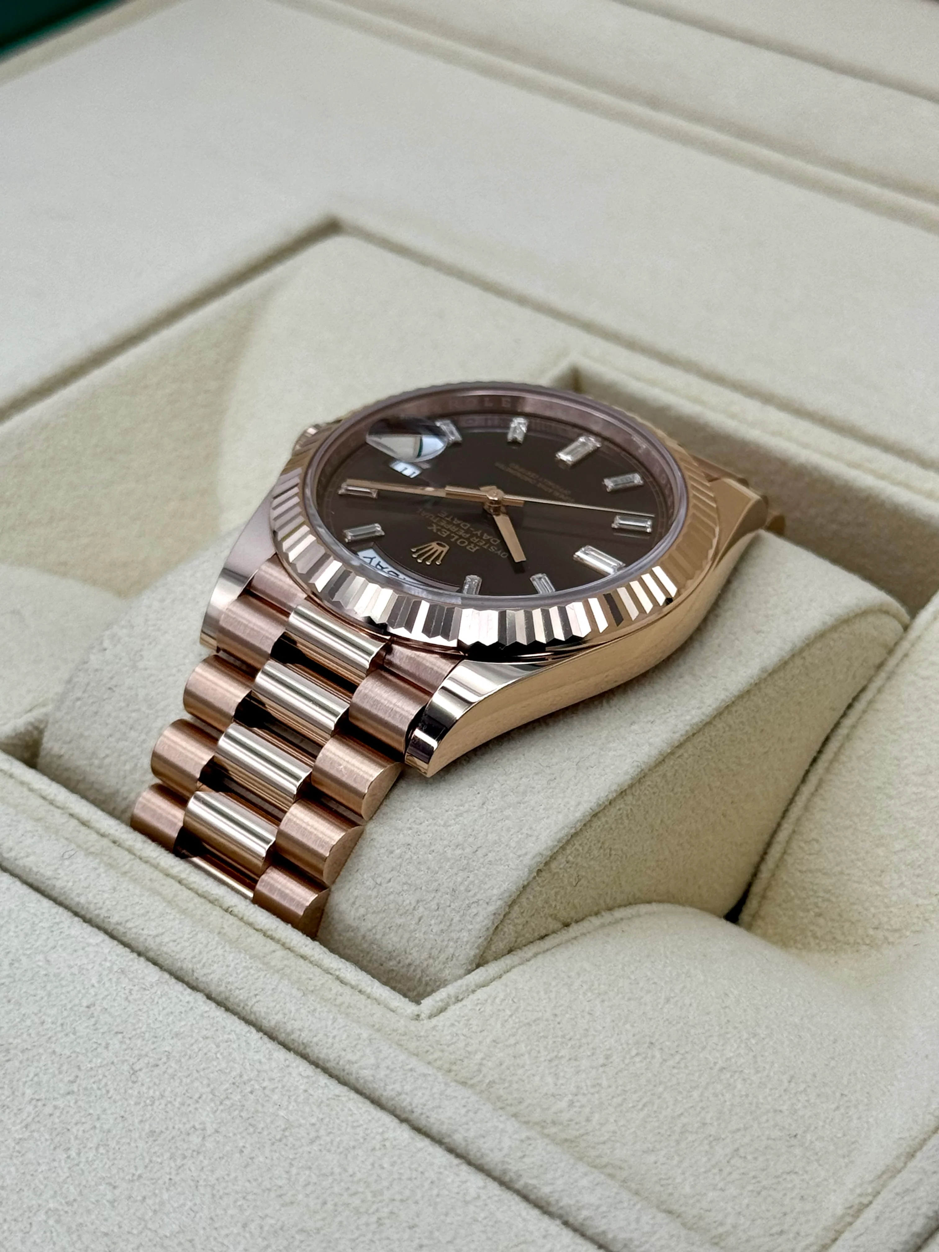 NEW 2025 Rolex Day-Date 40mm 228235 Rose Gold Chocolate Baguette Dial - Image 8